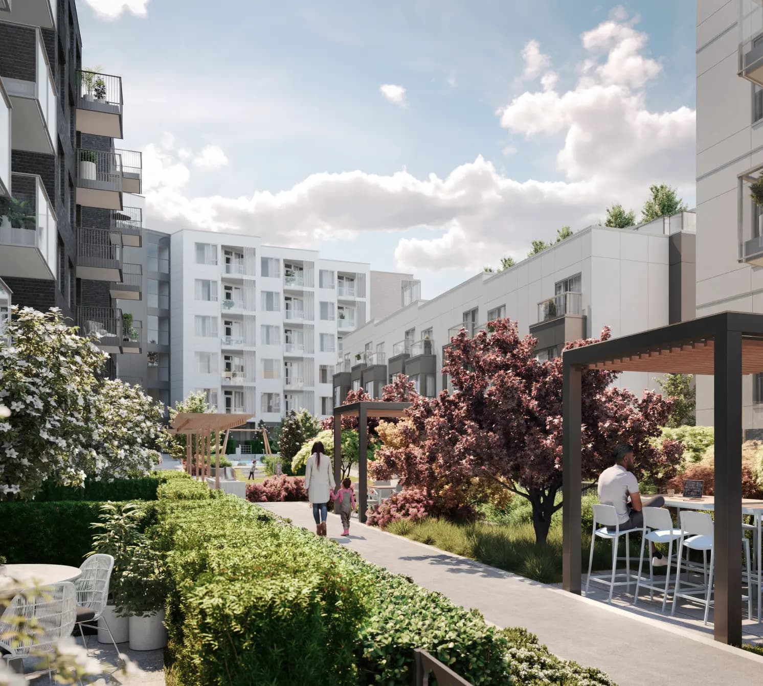 The landscaped central courtyard shared by the four buildings