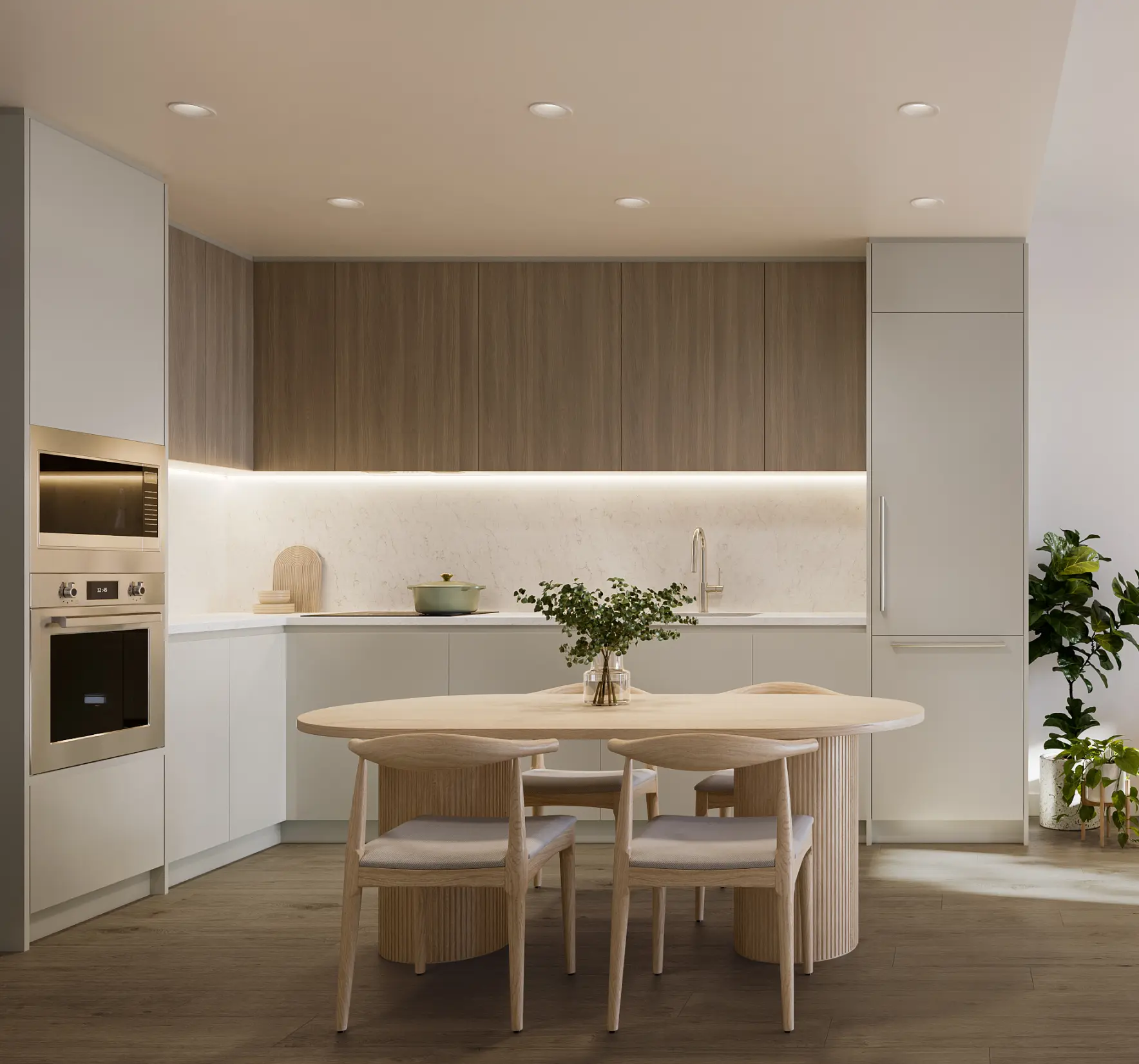 A Botanica kitchen with quartz counters and open shelving