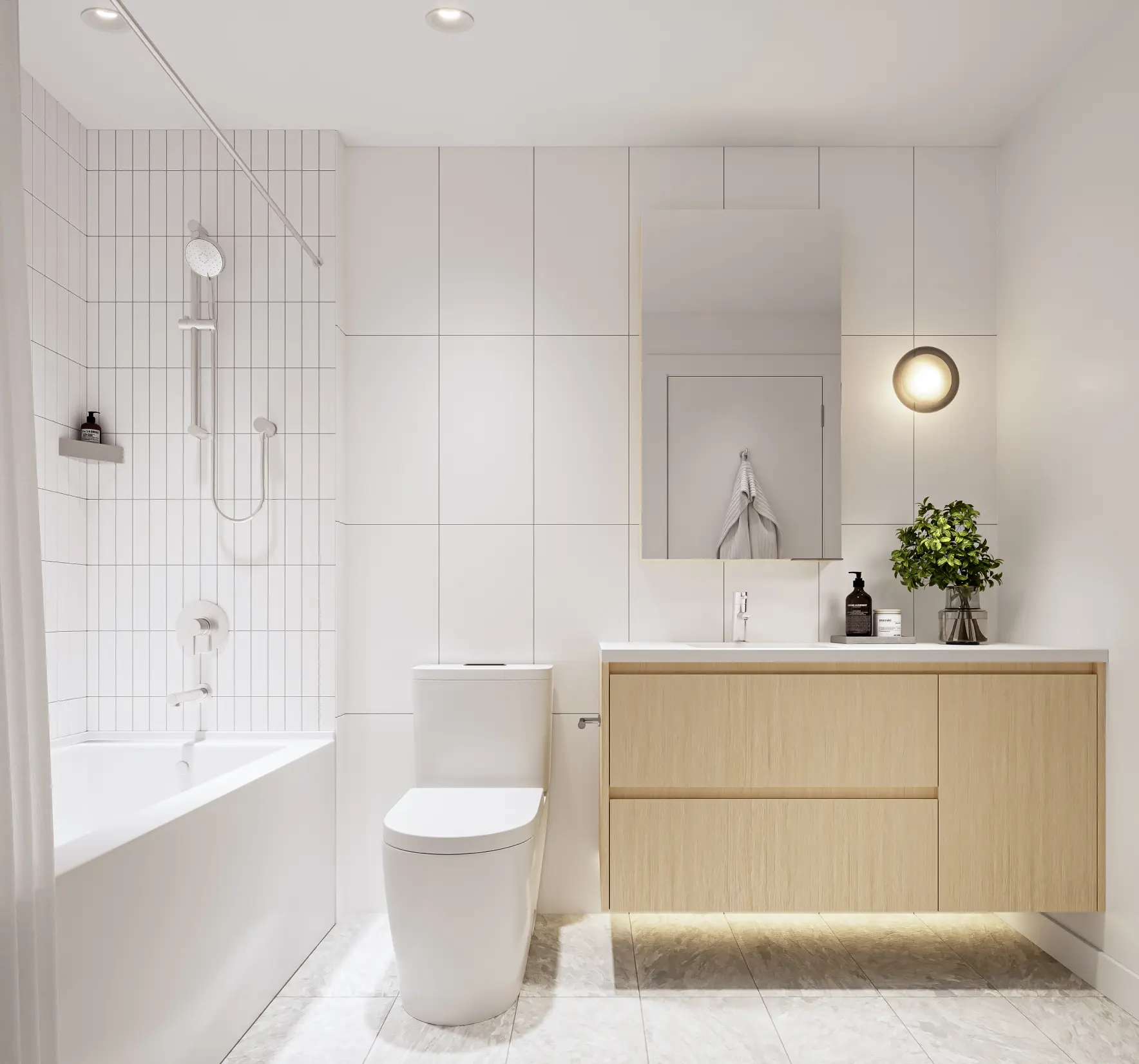 A Botanica bathroom with ambient under-cabinet lighting