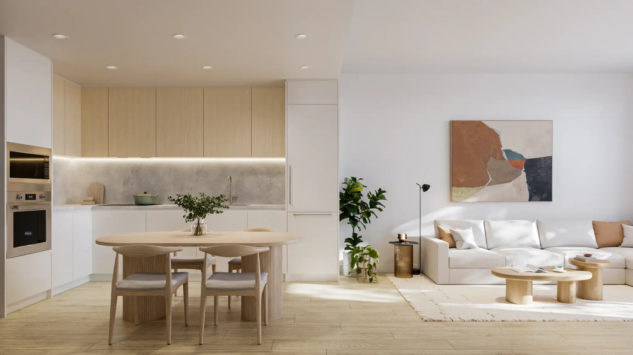 A Botanica kitchen with integrated appliances, open to the living room